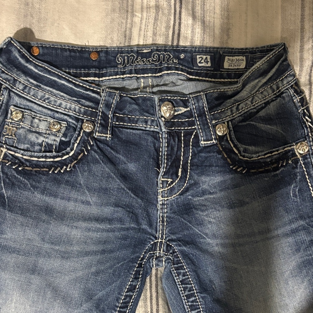 Miss Me Skinny Jeans in Washed Blue Denim with Embellished Pockets